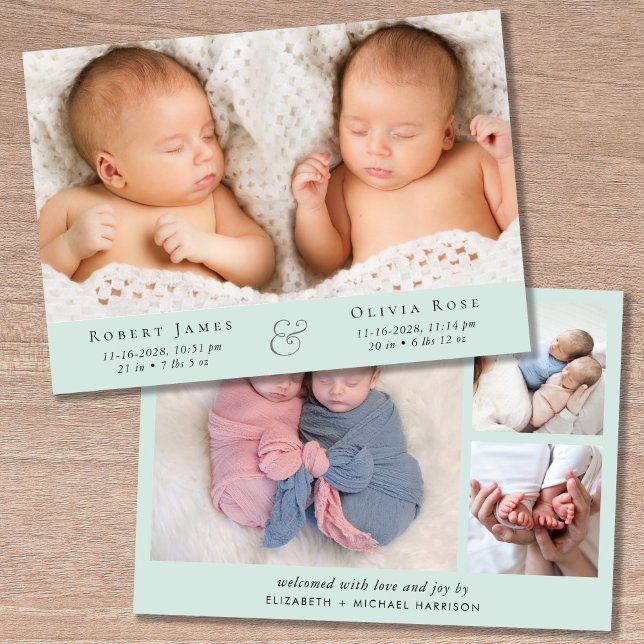 Faire-part Mini jumeaux photo Collage Monnaie verte (Announce the arrival of your precious twins in a way that is as beautiful and unique as they are
)