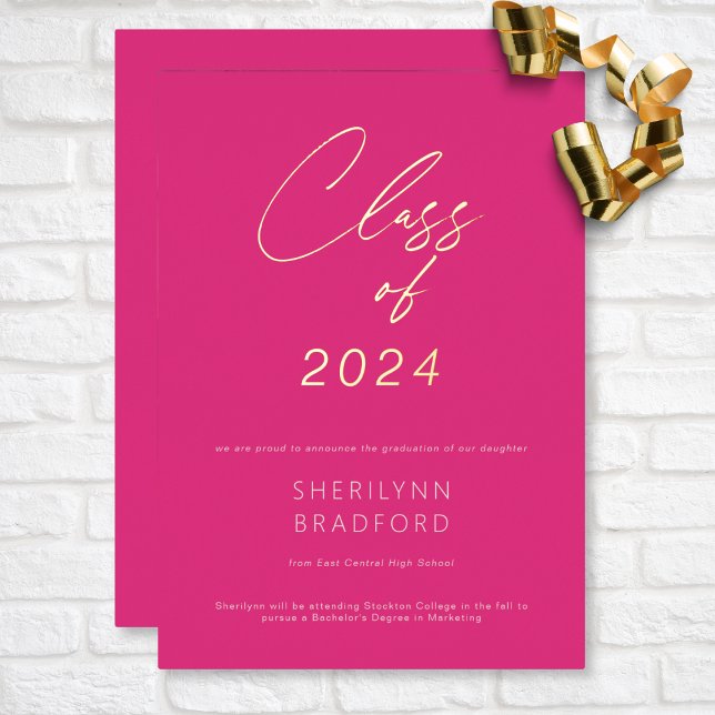 Faire-part minimale d'obtention du diplôme en rose (Minimal Hot Pink & White Graduation Announcement)