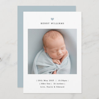 Faire-part Minimalist Blue Heart Boy Birth Announcement