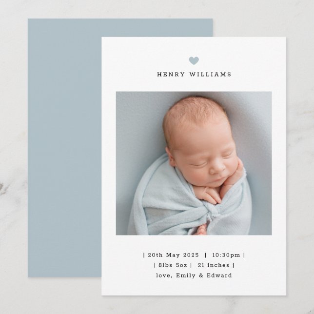 Faire-part Minimalist Blue Heart Boy Birth Announcement (Devant / Derrière)