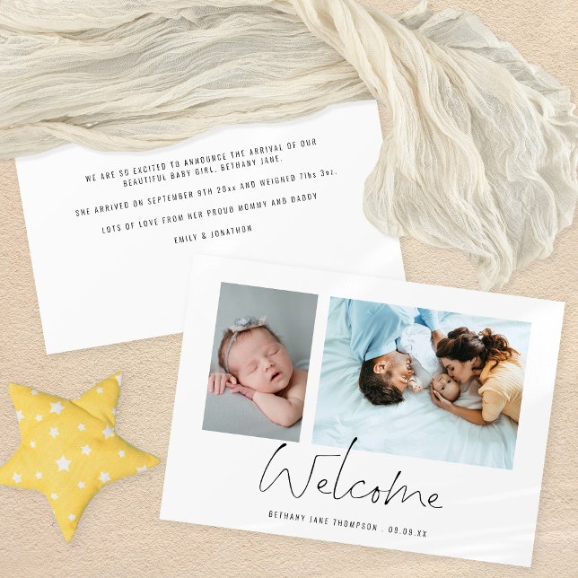 Faire-part Minimaliste 2 Photos Bienvenue Script de naissance (Créateur téléchargé)