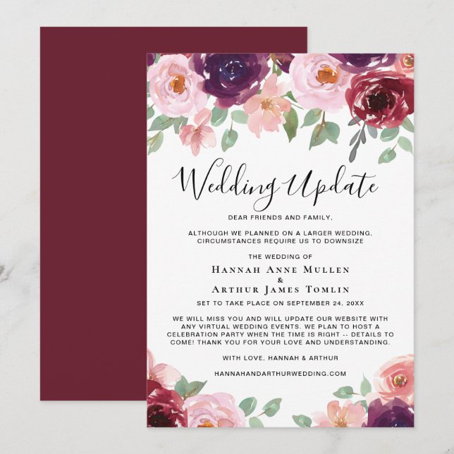 Faire-part Mise à jour de mariage intimiste aquarelle florale (Devant / Derrière)