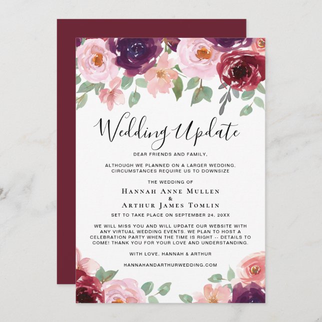 Faire-part Mise à jour pour un mariage plus intime Aquarelle  (Devant / Derrière)