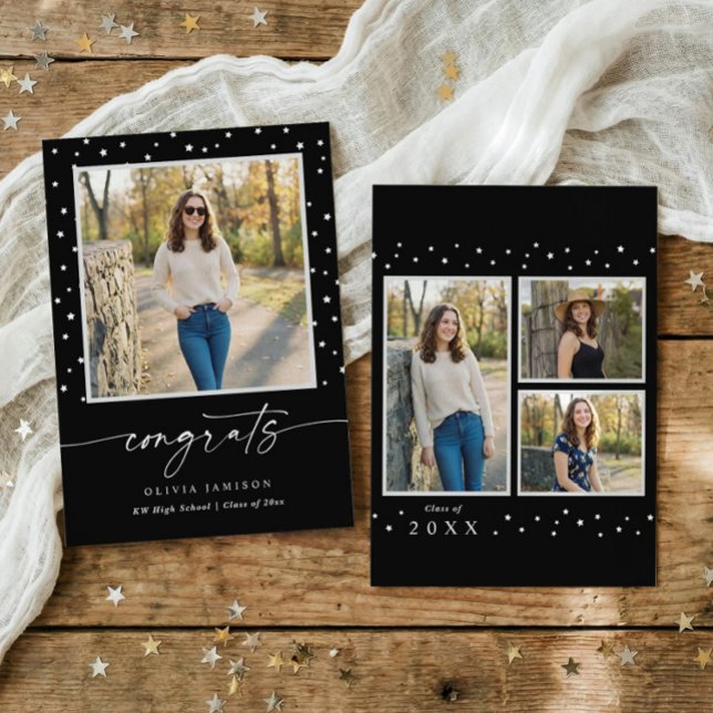 Faire-part Modern Black and White Handwriting Graduation (Modern graduation announcement with photos, handwriting script and minimalist stars)