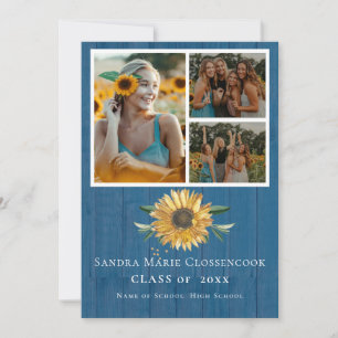 Faire-part Modern Blue 4 Photo Collage Tournesol graduation