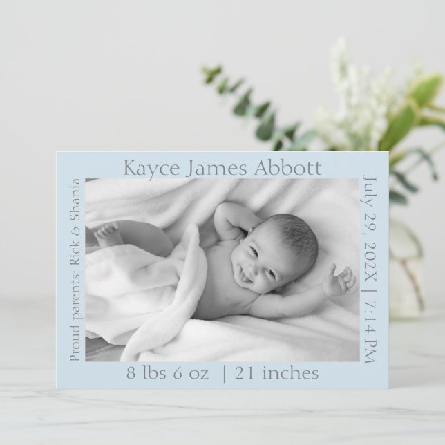 Faire-part Modern Grey sur Blue Photo Naissance (Debout devant)