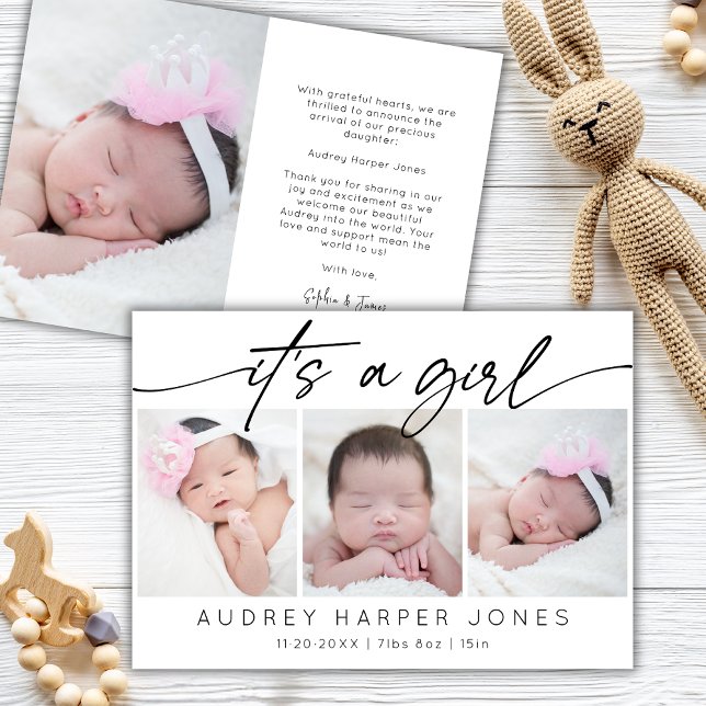 Faire-part Modern It's a Girl Baby Newborn 3 Photo Collage (Créateur téléchargé)