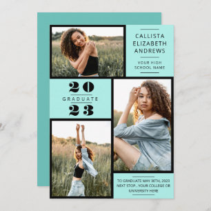 Faire-part Modern Minimal Mint Black Photo Grid Graduation