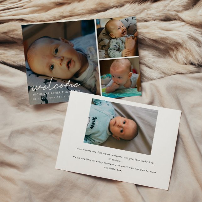 Faire-part Modern Script "Welcome" 4-Photo Baby Birth (Créateur téléchargé)