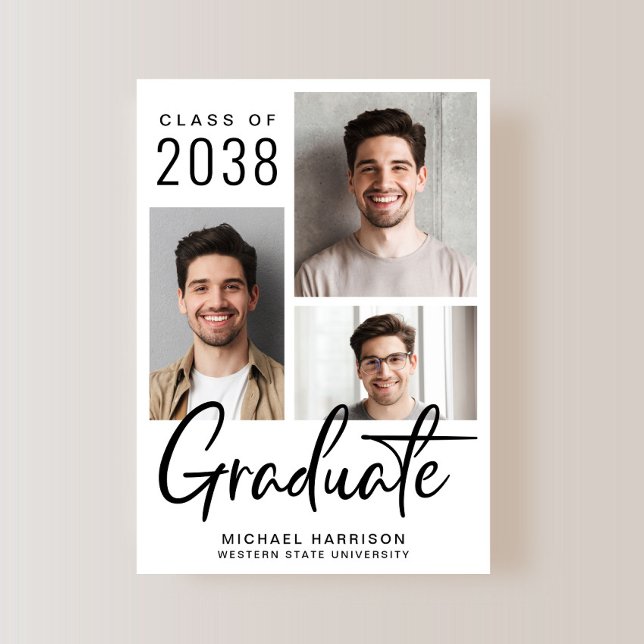 Faire-part Moderne 3 Photo Script Graduation (A modern photo graduation announcement to celebrate the graduate's achievements)