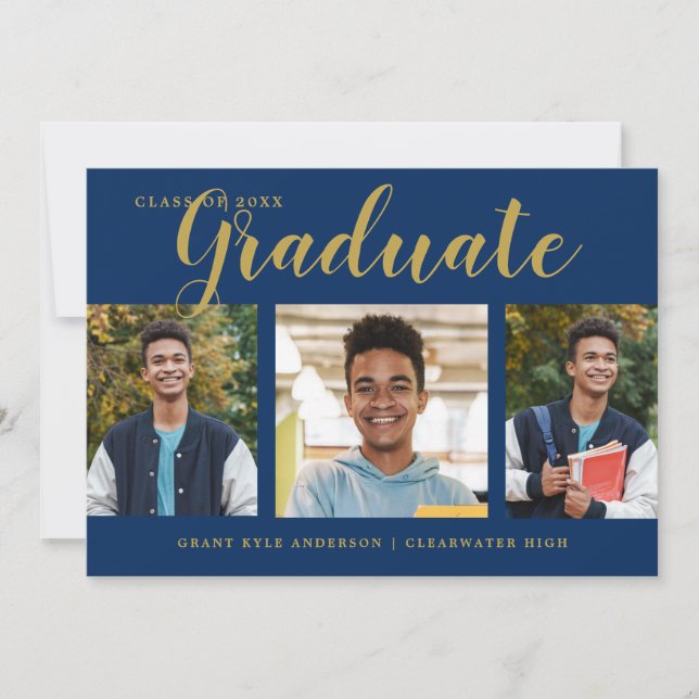 Faire-part Moderne 4 Photo Collage Blue Gold Graduation (Devant)