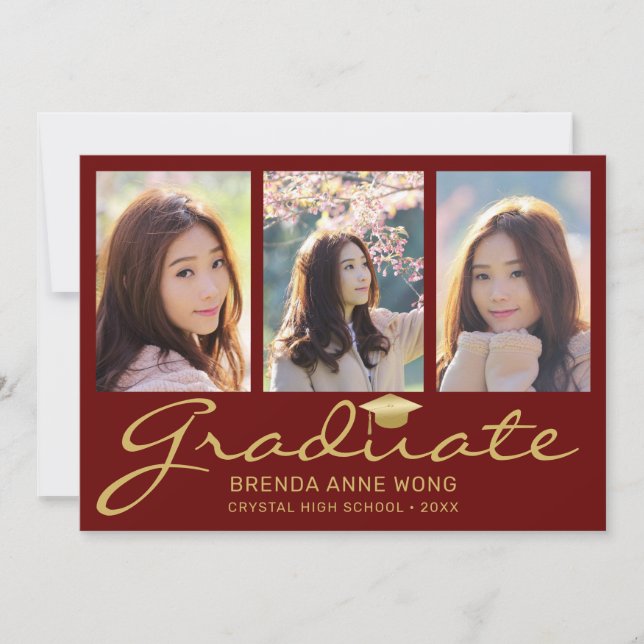 Faire-part Moderne 4 Photo Collage Gold Script Red Graduation (Devant)