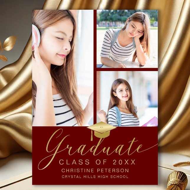 Faire-part Moderne 4 Photo Collage Script Red Graduation (Modern 4  Photo Collage Red and Gold Graduation Announcement)
