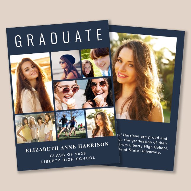 Faire-part Moderne 7 Photo Collage Bleu Graduation (Cherish the milestone: share your graduate's achievement with a custom photo graduation announcement)