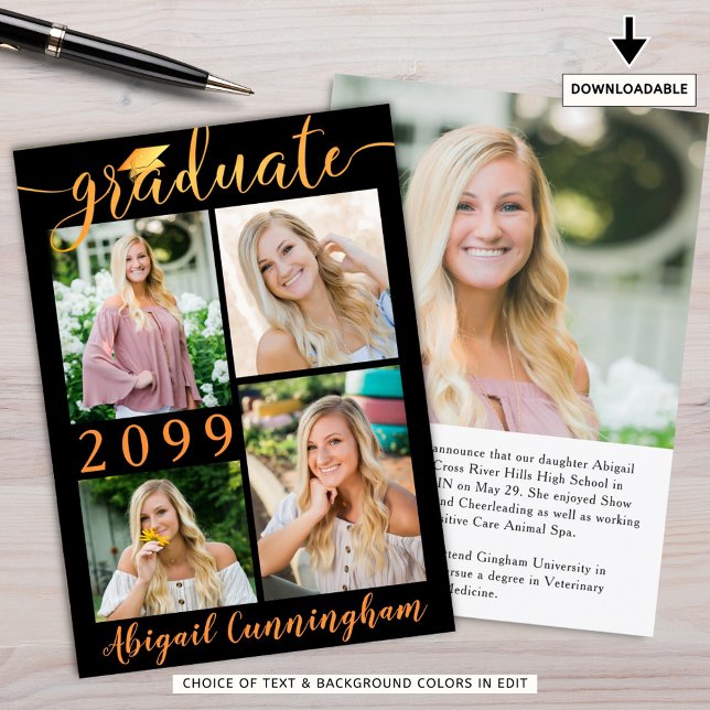 Faire-part Moderne Black Orange Script 5 Photo Gradué (Créateur téléchargé)