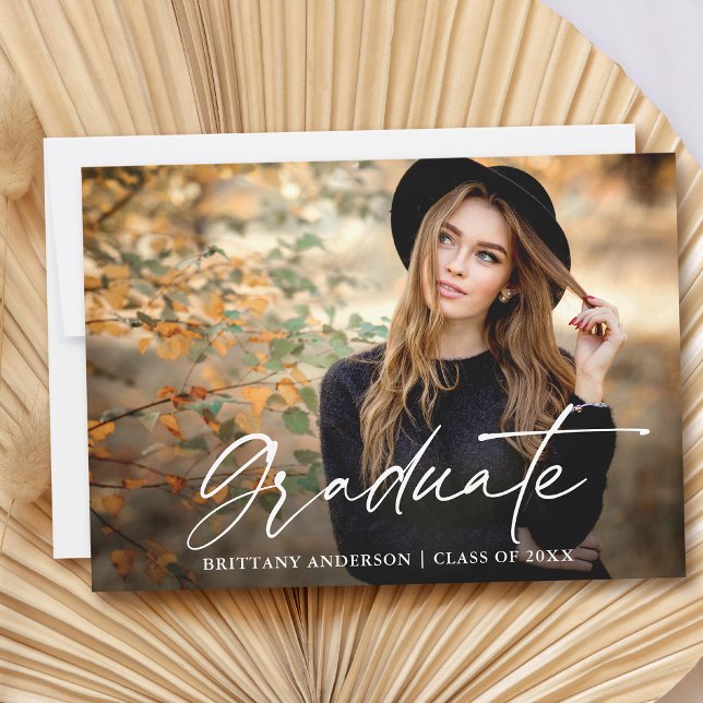 Faire-part Moderne Calligraphie Encre Script Photo Graduation (Customize to add text or more photos to back of card.)