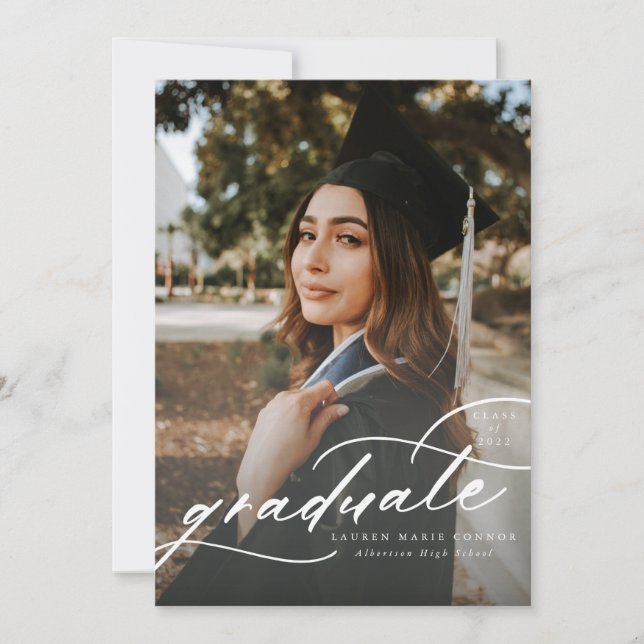 Faire-part Moderne Calligraphie Photo Graduation Verticale (Devant)