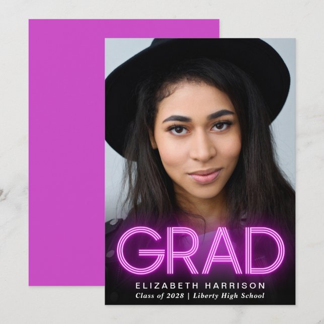 Faire-part moderne de graduation en néon rose (Devant / Derrière)
