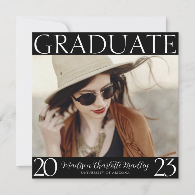 Faire-part moderne de graduation en noir et blanc (Devant)
