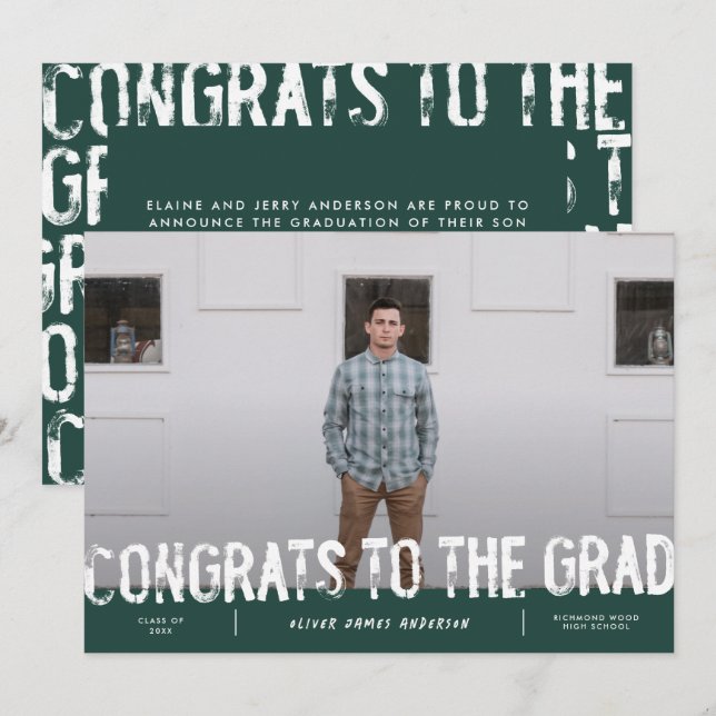 Faire-part moderne de graduation photo verte grung (Devant / Derrière)