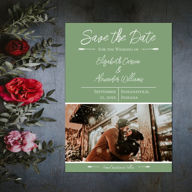 Faire-Part Moderne de Photo de Mariage | Vert mous (Modern Photo Save the Date - Moss Green)