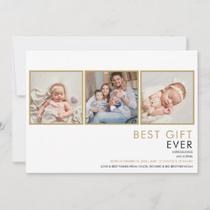Faire-part Moderne Elegant 3 Photo Collage Or Naissance