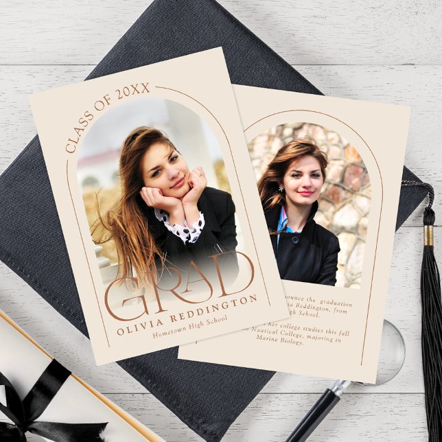 Faire-part Moderne Elégant Beige Neutre 2 Arc Photo Grad (Créateur téléchargé)