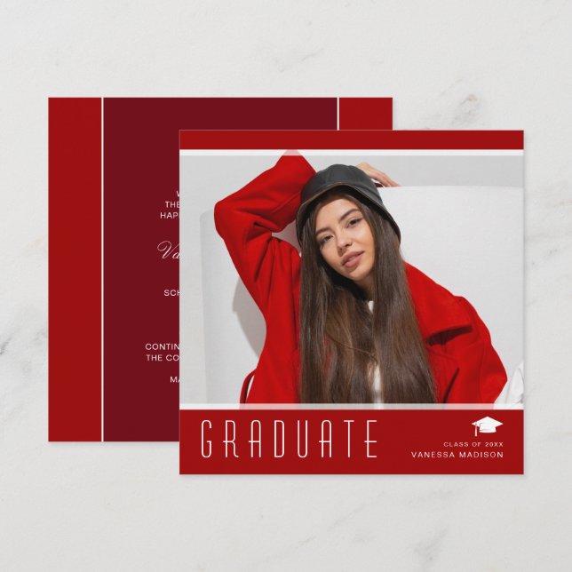 Faire-part Moderne Élégant Diplômé élégant Photo Rouge & Blan (Devant / Derrière)