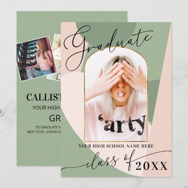 Faire-part Moderne Geo Sage Vert Dusty Rose Photo Graduation (Devant / Derrière)