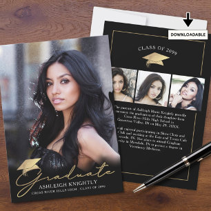 Faire-part Moderne Graduate 4 Photos Script Casquette Black G