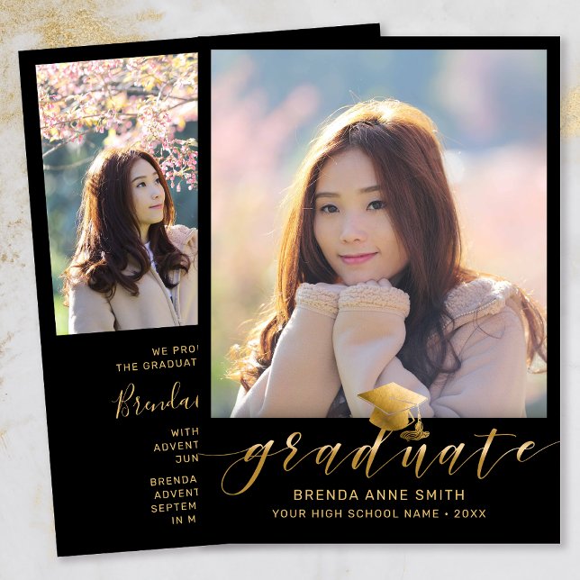 Faire-part Moderne Graduation 2 Photo Gold Script Casquette s (Modern Two Photo Gold Script on Black Graduation Announcement)