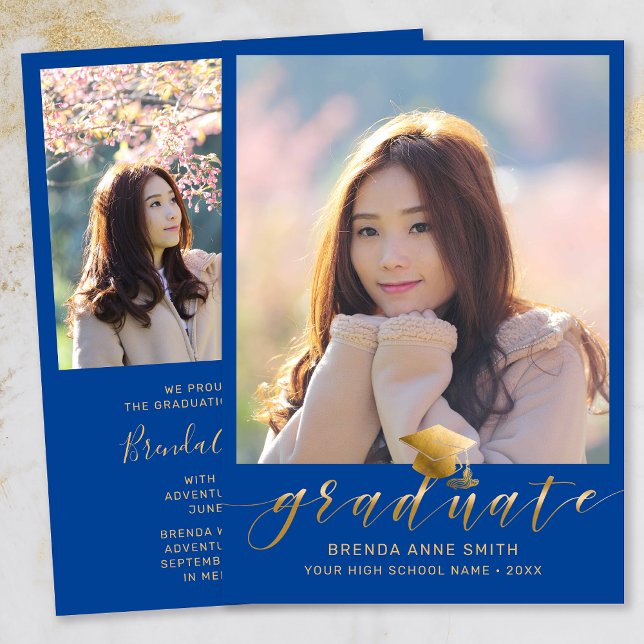 Faire-part Moderne Graduation 2 Photo Gold Script Casquette s (Modern Two Photo Gold Script on Royal Blue Graduation Announcement)