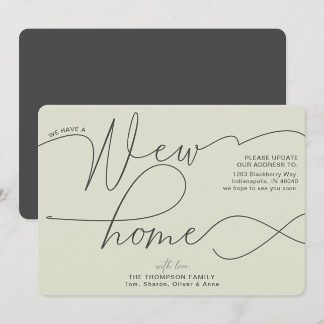 Faire-part Moderne Nouveau Accueil Calligraphie Pale Green Mo (Devant / Derrière)
