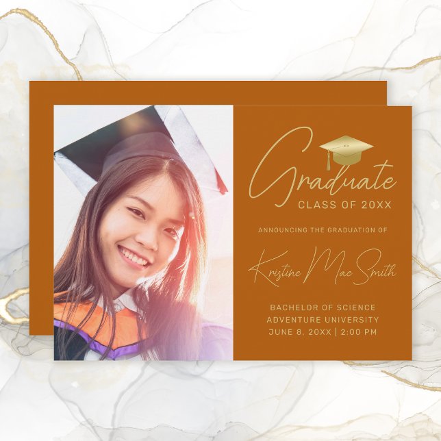 Faire-part Moderne Orange Gold Script Photo College Graduatio (Modern Orange Gold Scropt Graduation Announcement)