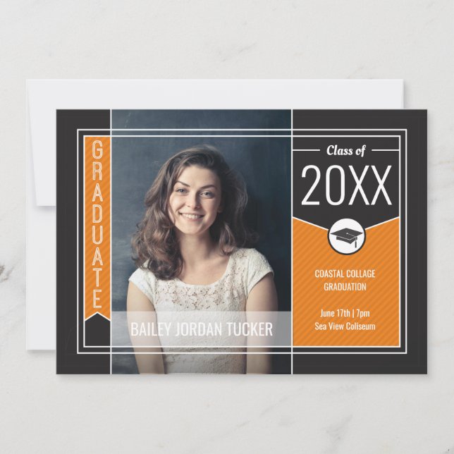 Faire-part Moderne Orange Stripes Graduate Photo Graduate (Devant)