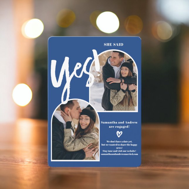Faire-part Moderne oui 2 photos arche bleu fiançailles (Modern yes 2 photos arch blue engagement announcement)