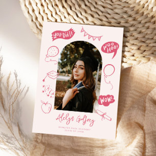 Faire-part Moderne Photo Doodle Graduation rose