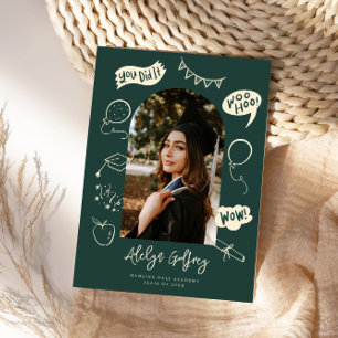 Faire-part Moderne Photo Doodle Graduation Vert
