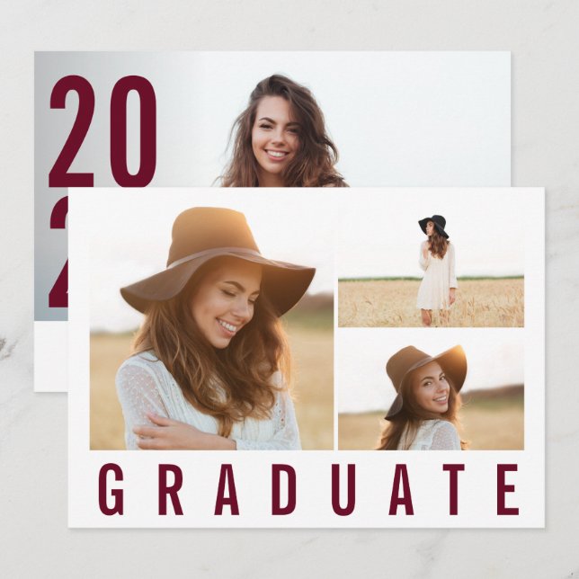 Faire-part Moderne simple 3 photo graduation simple bordeaux  (Devant / Derrière)