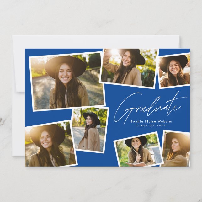 Faire-part Moderne tendance diplômé 7 photo bleu graduation (Devant)