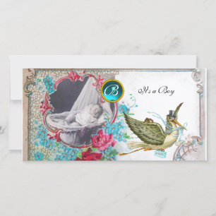 Faire-part MONOGRAM BABY SHOWER, aquamarine, blanc