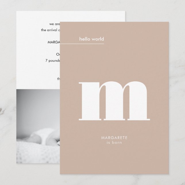 Faire-part Monogramme Beige Neutre Minimal Photo Bébé (Devant / Derrière)