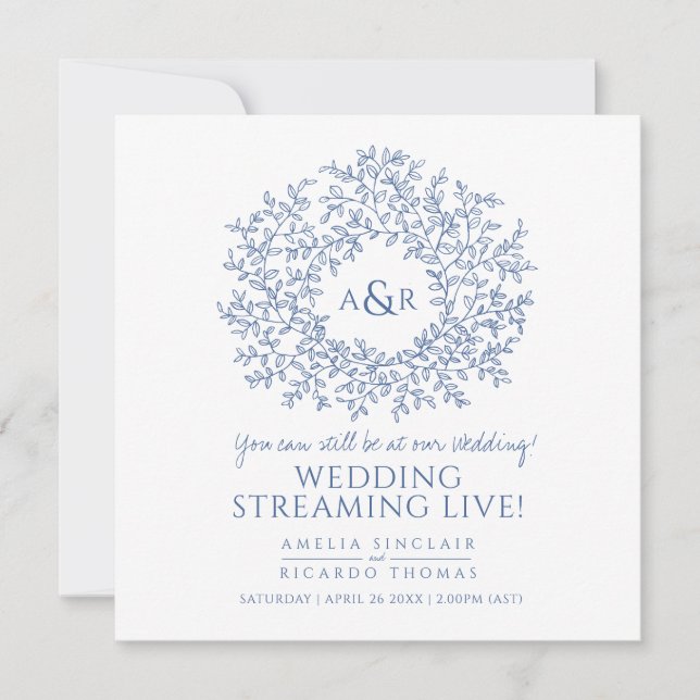 Faire-part Monogramme blanc bleu feuille mariage live stream (Devant)