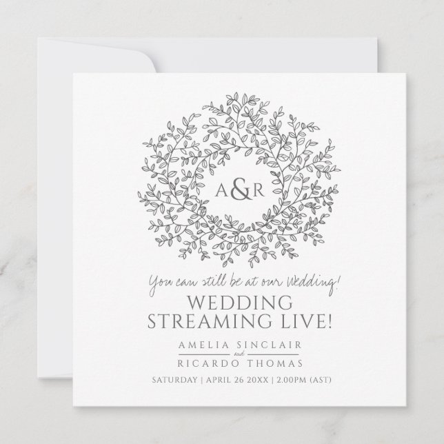 Faire-part Monogramme blanc gris feuille mariage live stream (Devant)