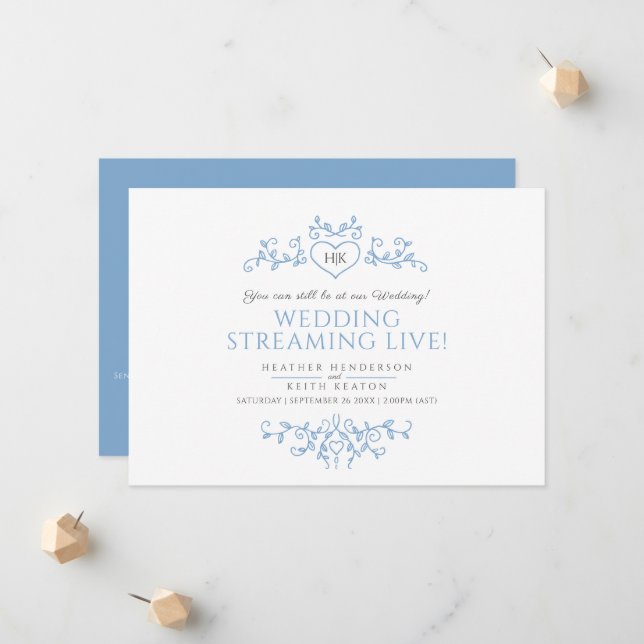 Faire-part Monogramme bleu blanc feuille mariage live stream (Devant/Arrière en situation)