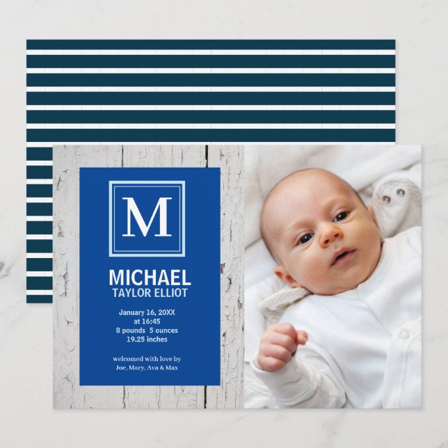 Faire-part Monogramme Bleu Bleu Bleu Bébé Garçon Naissance (Devant / Derrière)