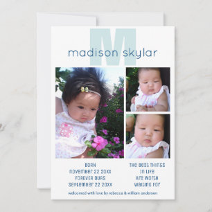 Faire-part Monogramme bleu Simple Adoption 3 Collage photo