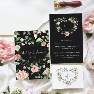 Faire-part Monogramme Botanique Floral Coeur Mariage RSVP