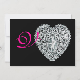 Faire-part MONOGRAMME COEUR DE LAMPE CUPIDE, fuchsia rose