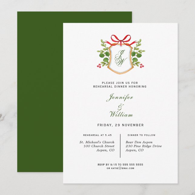 Faire-part Monogramme Crest avec verdure Répétition Dîner (Devant / Derrière)